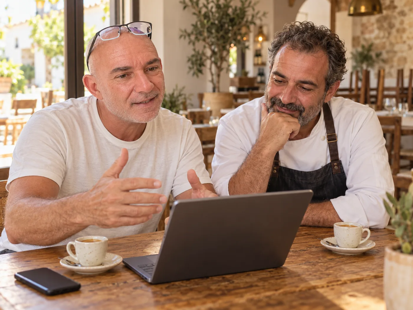 Mariano Astesiano explica en un portátil el sistema de reservas al propietario de un restaurante