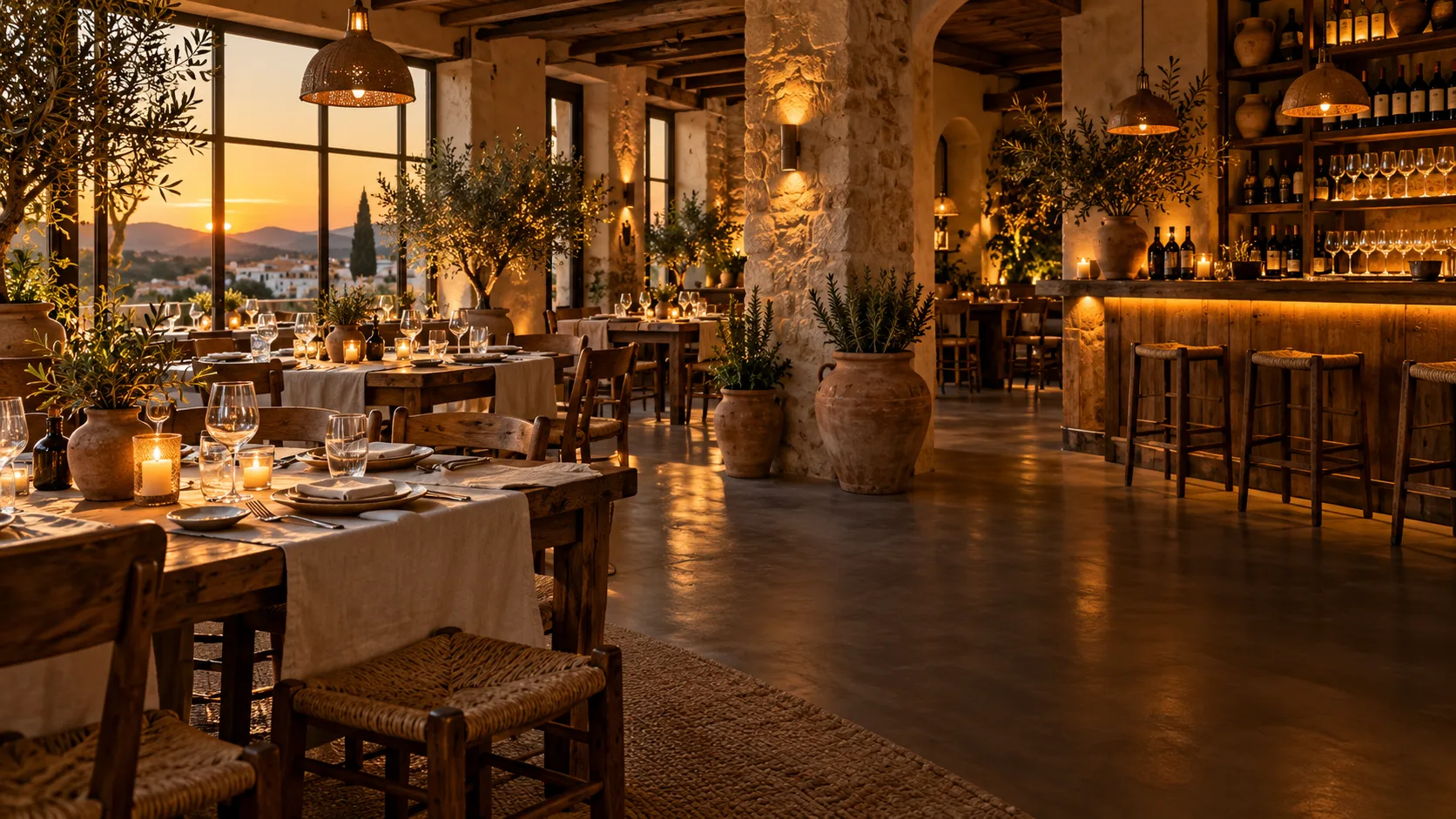 Sala de un restaurante mediterráneo al atardecer, con mesas montadas, olivos y una barra iluminada
